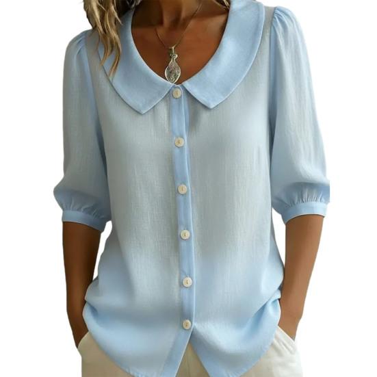 

Женские Топы Лацкан Половина Рукава Пуговицы Планка Рубашка Топы Однотонный Свободная Посадка Повседневный Стиль Рубашка Домашние Свидания Универсальная Одежда S светло-синий