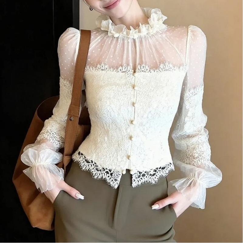 Женская осенне-зимняя сетчатая базовая футболка с кружевной вставкой, уникальный и красивый топ с принтом грибов M