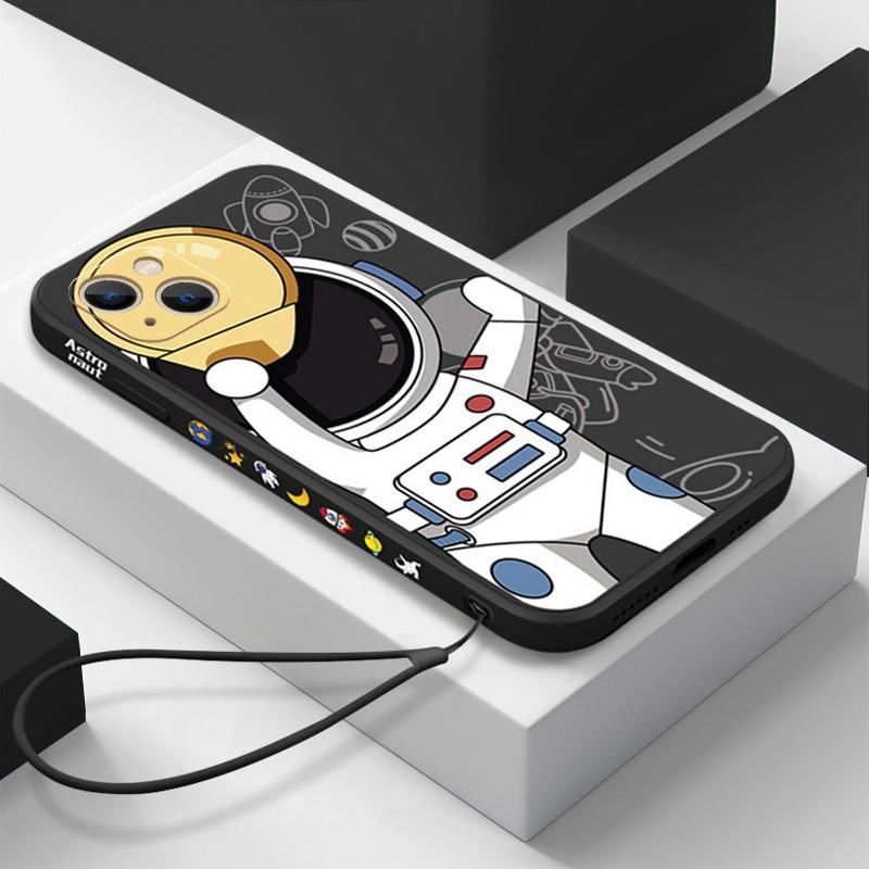 Cartoon Astronaut Silicone Case For iPhone 17e 16e 17 Pro 16 14 15 Pro Max Plus 13 11 12 Pro Shockproof TPU Lanyard Phone Cover