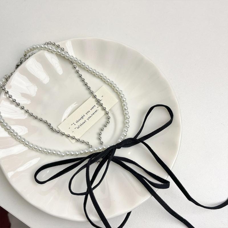Vintage Bowknot Necklace Elegant Pearl Beaded Double Layer Choker Y2K Aesthetic Clavicle Chain Fashion Summer Neck Chain