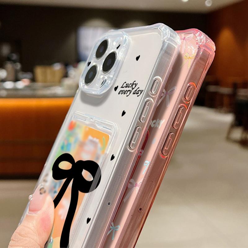 Colorful Bowknot Pattern Card Slot Phone Case for iPhone 16 Pro 15 14 13 12 Pro Max 11 Shockproof Transparent Soft Tpu Lens Protection Slim Cover