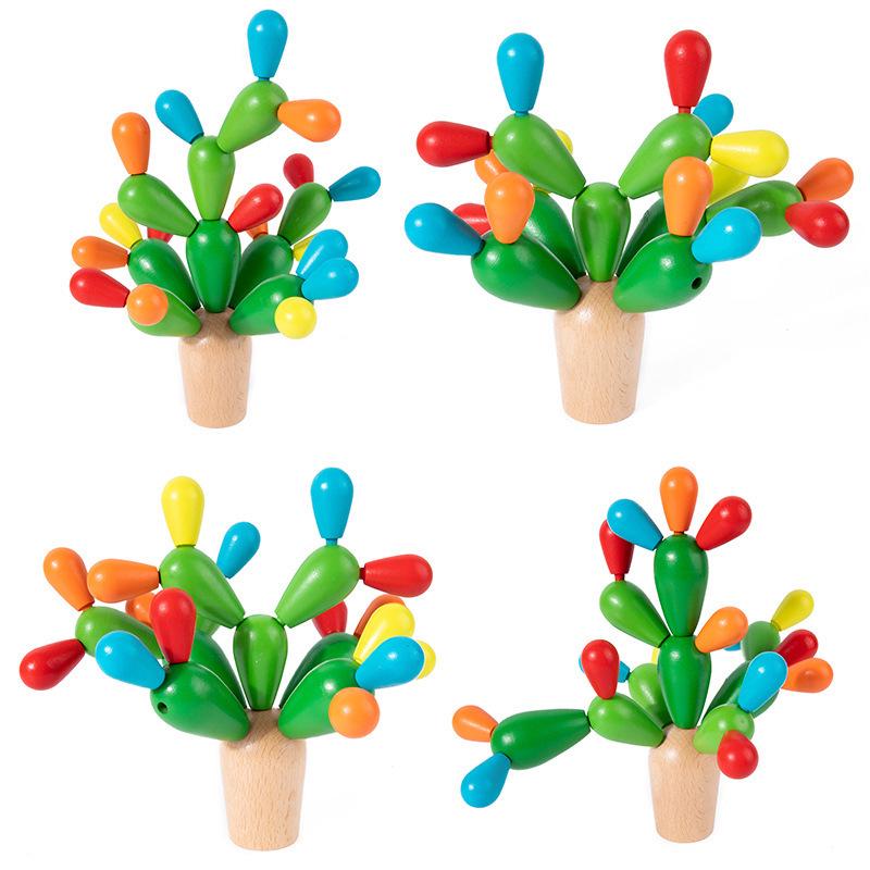 Creative Interlocking Wooden Cactus Balancing Blocks - Educational & Colorful Modeling Toy Set