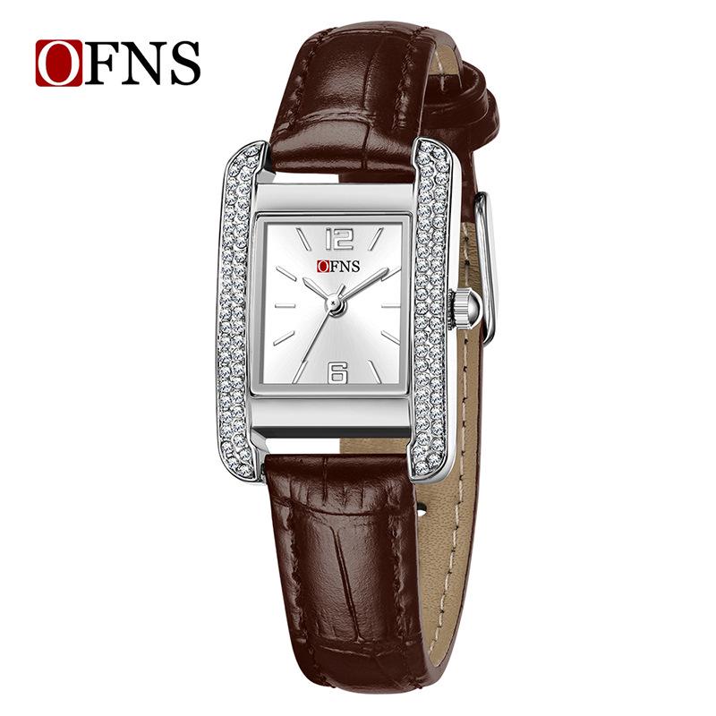OFNS Elegant Women's Square Dial Watch: Simple Niche Bar Markers, Waterproof, Luxury Diamond Inlaid Quartz.