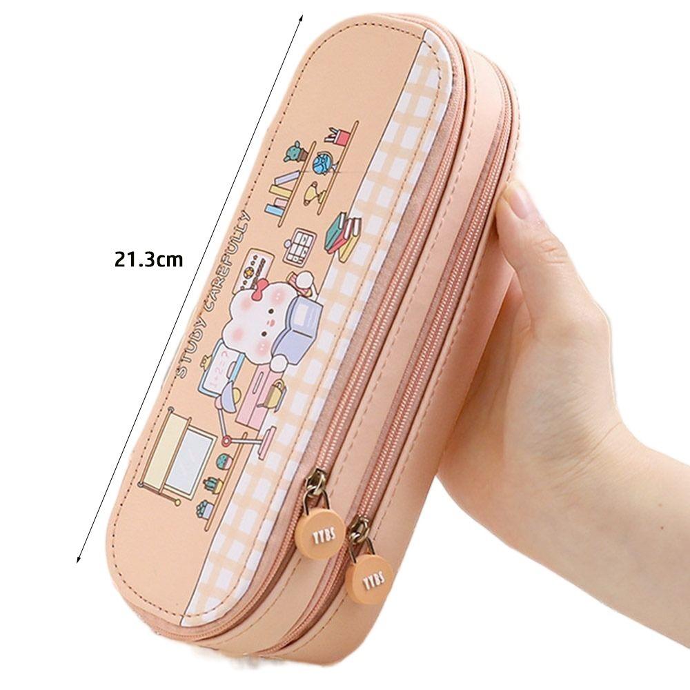 Ins Double Layer Pencil Case Cartoon Design Waterproof Pen Bag Portable Large Capacity Stationery Pouch Student Supplies