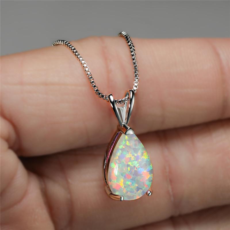 Boho Female Small Blue Green Opal Water Drop Pendant Necklace Silver Color Wedding  For Women