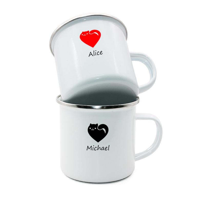 Customized Letter Enamel Water Cup, Minimalist Couple Cup, Creative Heart-shaped Pattern Customization, Valentine's Day Gift.