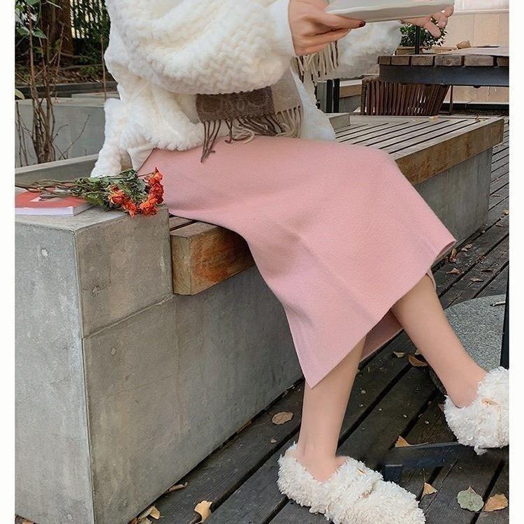 

Кашемировая розовая трикотажная юбка с высокой талией, разрез, зимний свитер, юбка средней длины с одним швом, юбка до бедра, нежный стиль One size