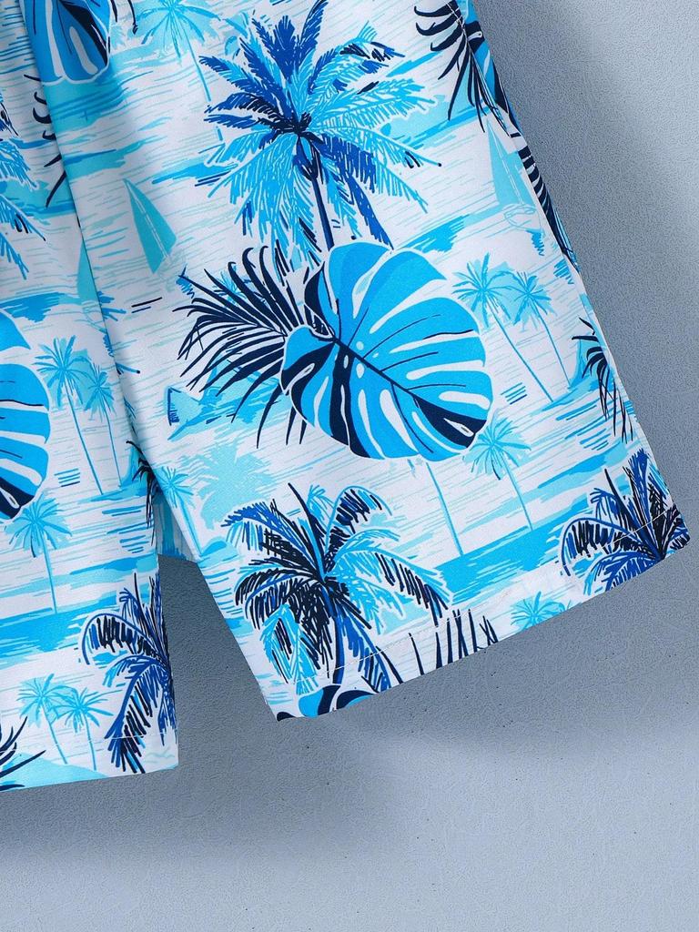 2-Piece Set for Boys' Casual Coconut Leaf Pattern Short-Sleeve Collared Shirt Jacket and Matching Shorts - Hawaii Aloha Shirt Spring/Summer Collection