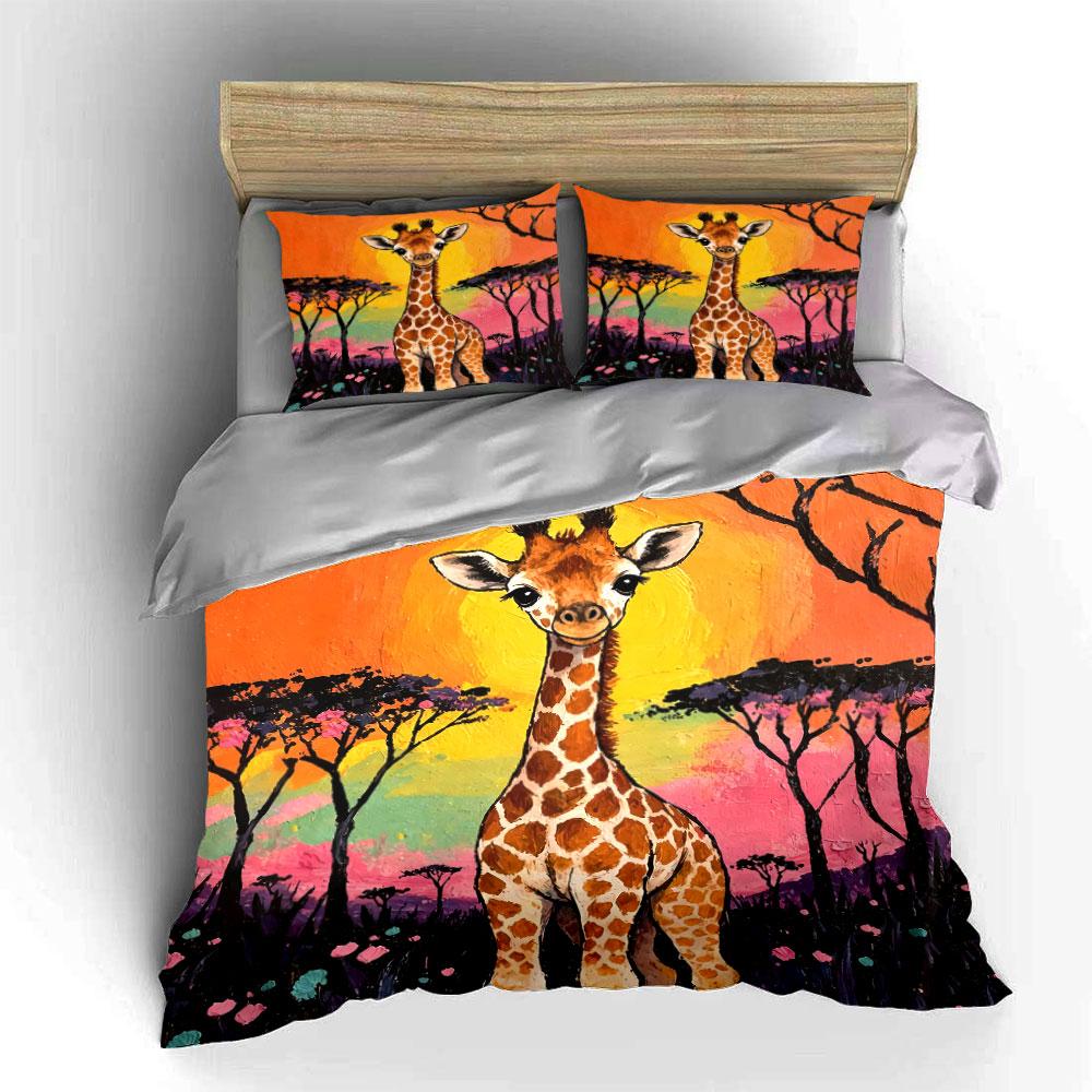 Arte Giraffa con Set Copripiumino Safari al Tramonto Copripiumino Federe (1*Copripiumino 2*Federe, senza piumino)