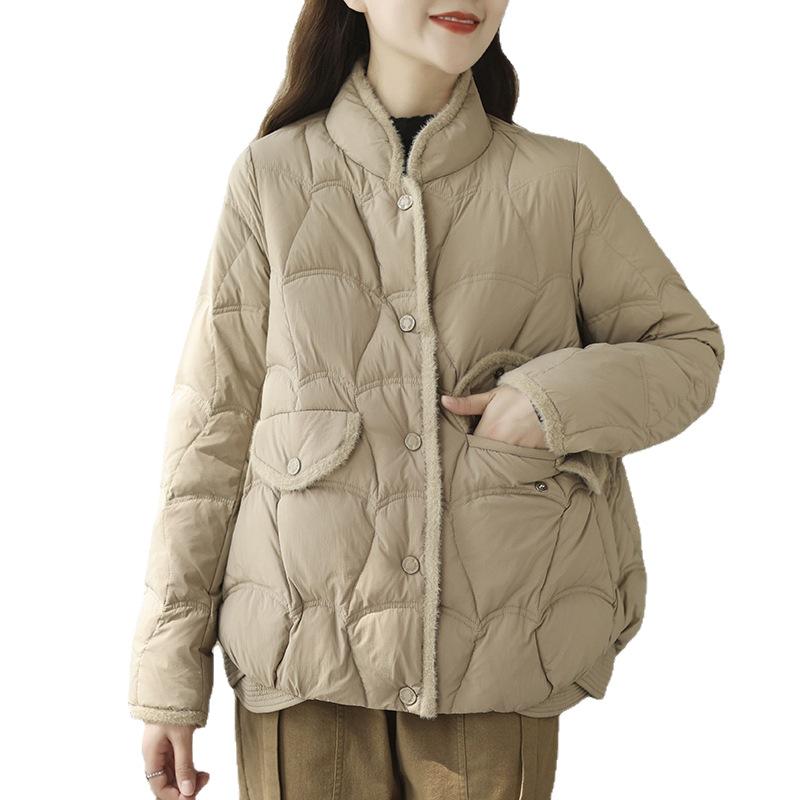 Mink hair splicing down jacket women's new loose and thin white duck down stand-up collar versatile down jacket