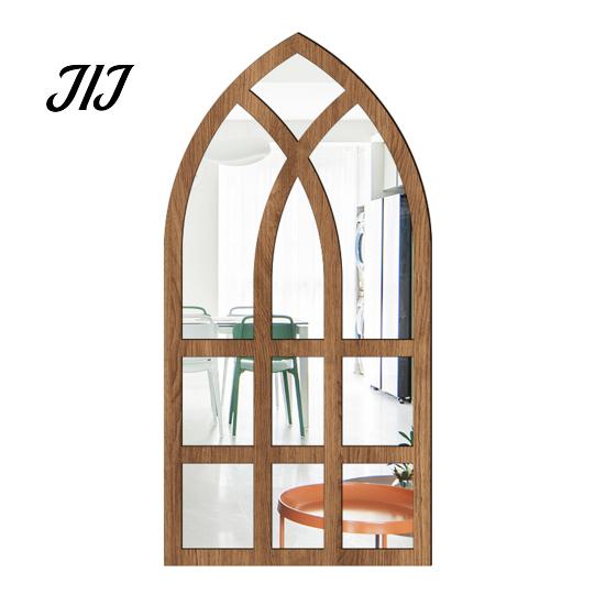 Arched Wall Mirror Stickers Window Decor, Wooden Frame Acrylic Fake Mirror, Minimalist Arch Self-Adhesive Windowpane Sticker for Living Room
