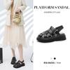 Versatile retro platform sandals British fashion leather Roman shoes women's summer new muffin bottom half slippers outer wear