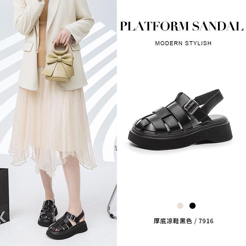 Versatile retro platform sandals British fashion leather Roman shoes women's summer new muffin bottom half slippers outer wear