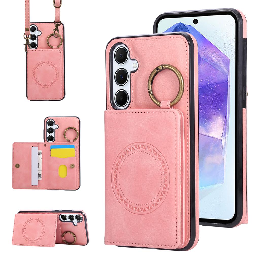 Custodia a Tracolla con Porta Carte e Anello in Pelle per Samsung Galaxy S25 Ultra S24 Plus S23 S22 A16 A26 A36 A56 5G Magnetica