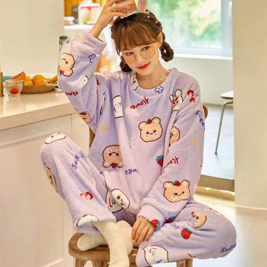 Уютный женский пижамный комплект из кораллового флиса - Милый и теплый фланелевый для осени/зимы Medium