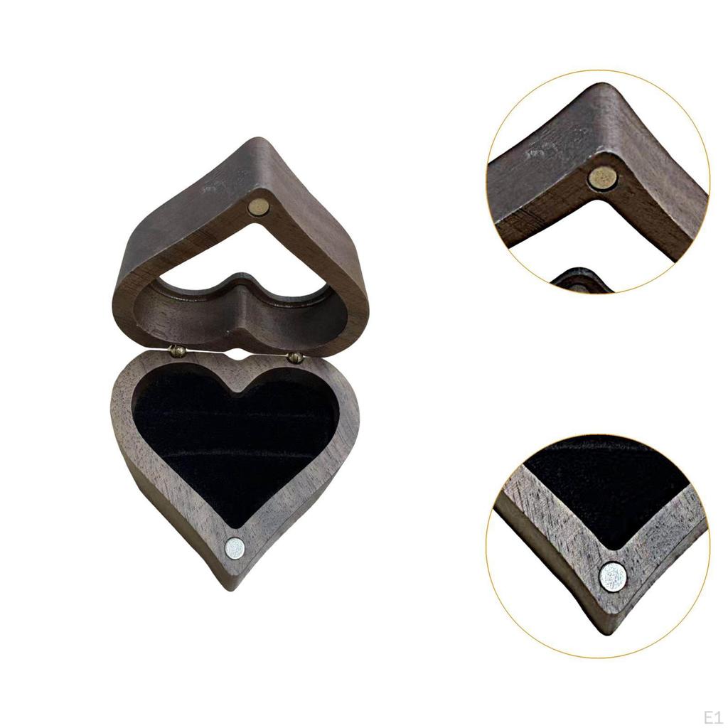 Wooden Ring Box Heart Shaped Elegant Small Engagement Jewelry Case for Valentines Ceremony