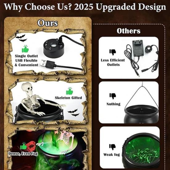 Skeleton Potion Witch Cauldron DIY Magic Floating Potion Bottle with LED Mist Maker And Diffuser Spooky Black Bowl Halloween Decoration for