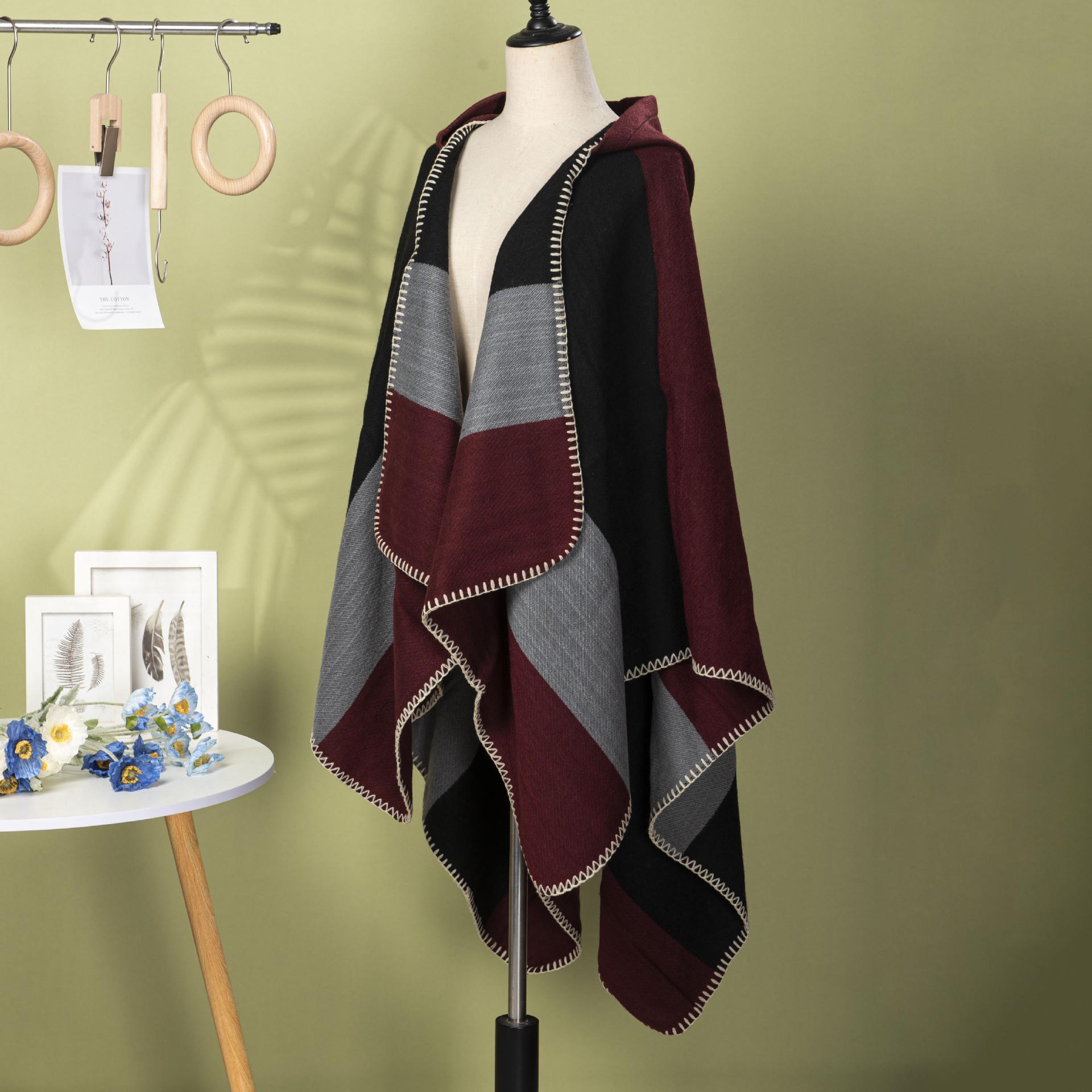 

New Striped Color Block Splicing Geometric Pattern Shawl with Hat Cape for Women Easy To Wear Cardigan Outer Outfit 133*148CM