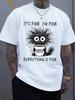 Unisex Oversize Tee It S Fine Cat Coffee Cartoon Graphic Cotton Crew Neck Short Sleeve Casual Daily Street Male Basic Fashion Top