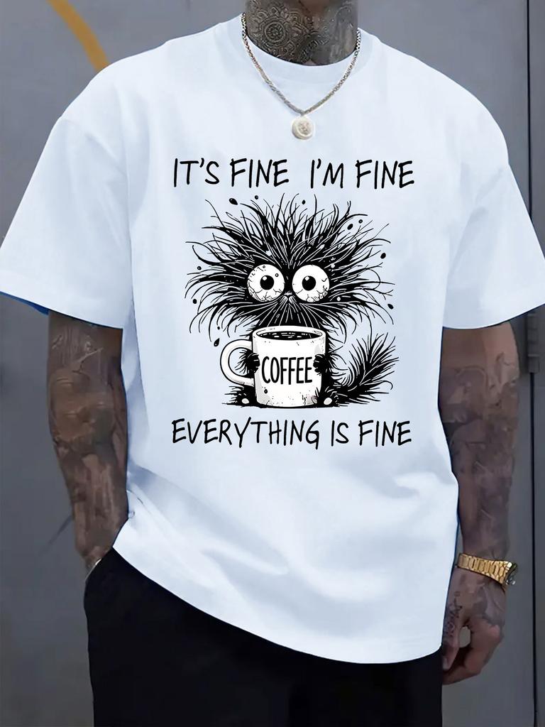 Unisex Oversize Tee It S Fine Cat Coffee Cartoon Graphic Cotton Crew Neck Short Sleeve Casual Daily Street Male Basic Fashion Top
