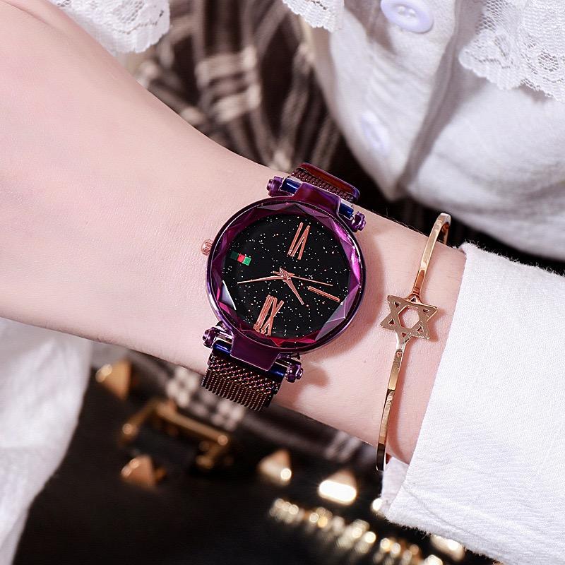 Women Watches Hours Mesh Magnet Starry Sky Watch Luxury Ladies Roma Dial Quartz Wristwatch