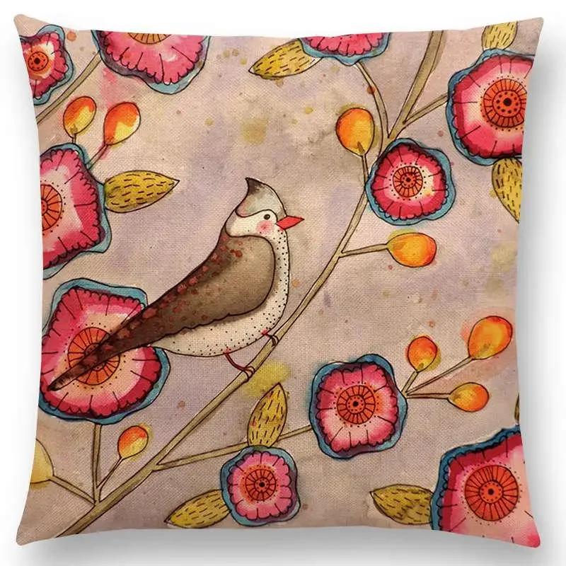 New Arrivals Watercolor Little Birds Pillow Case Floral Home Decor Cushion Cover