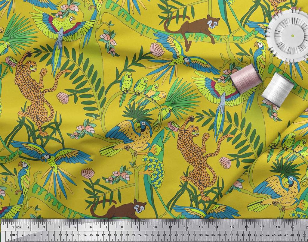 Soimoi Japan Crepe Satin Fabric Branches,Parrot & Leopard Jungle Print Fabric by the metre 42 Inch