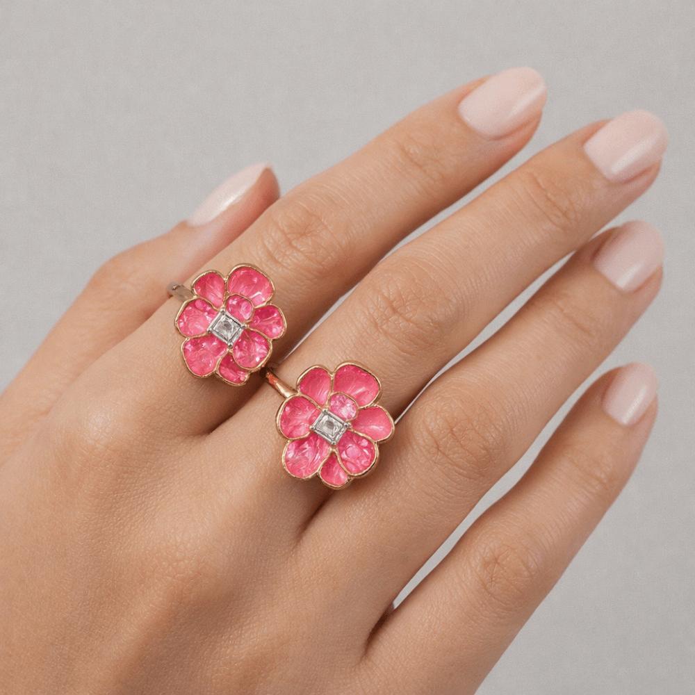 Camellia Flower Flower Ring Dripping Oil Korean Style Enamel Finger Ring Baroque Rhinestone French Irregular Ring Jewelry