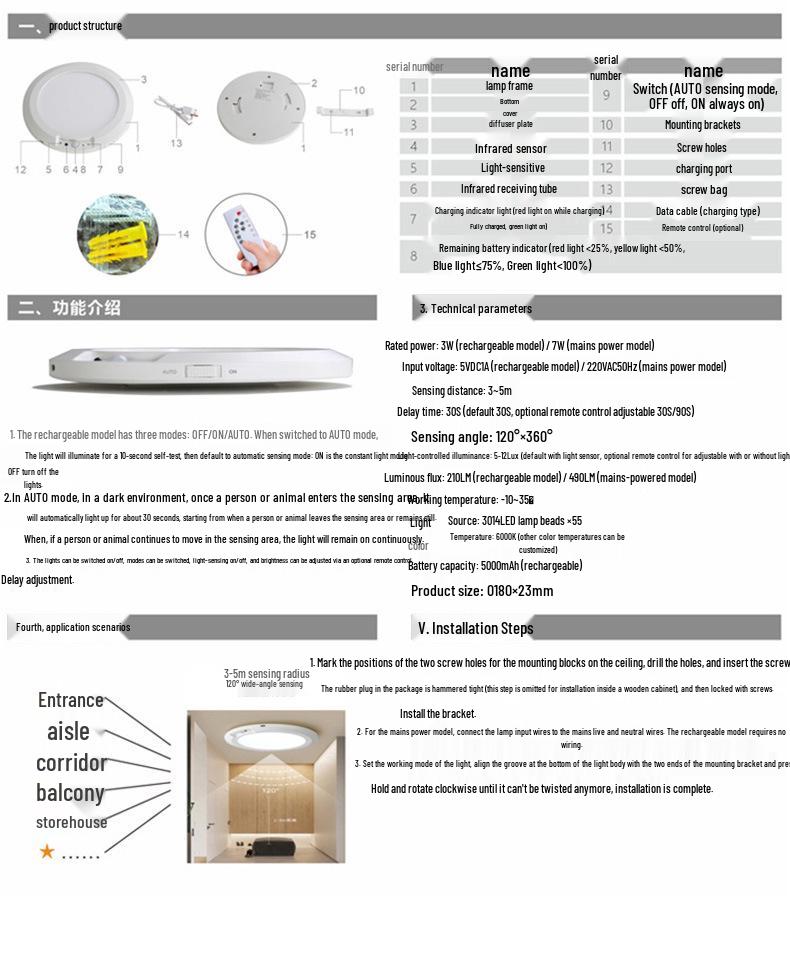 Wireless LED Ceiling Night Light for Hallway, Bedroom, and Corridor - Induction Charging, Home Decor Fixture