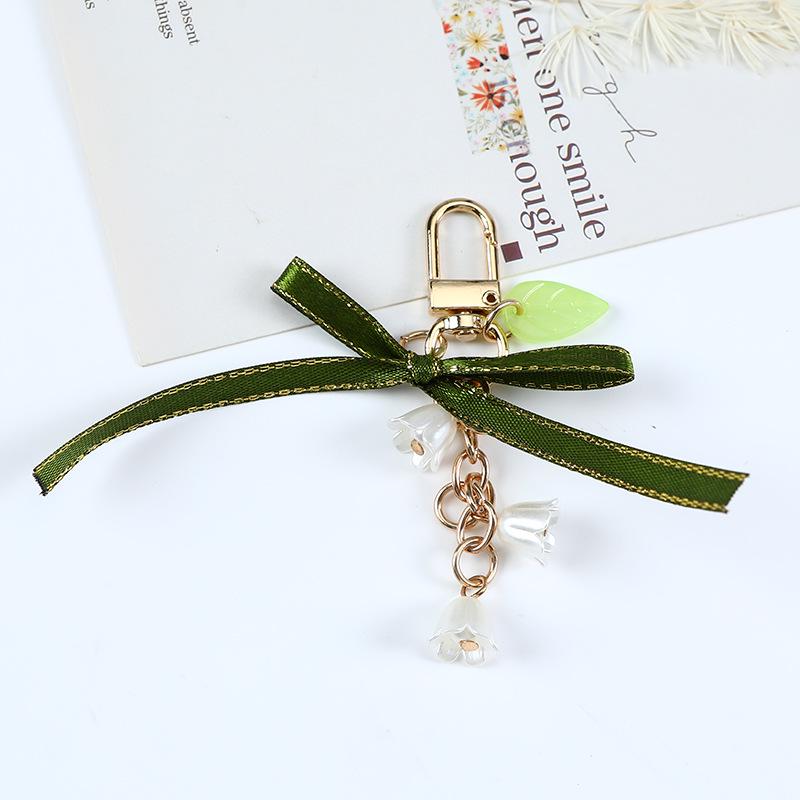 Korean Green Ribbon Keychain with Lily Flower & Pearl for Earphone Case Decoration