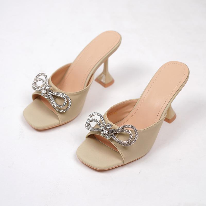 

Металлические сандалии с бриллиантовой пряжкой, летние новые, со стразами, с бантом, с квадратным носком, на высоком каблуке формы бокала, крутые шлепанцы женские 41