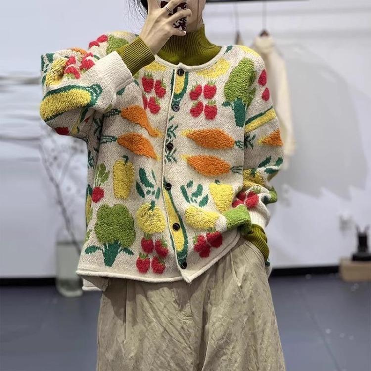 2023 New Fashion Women Oversize Floral Cardigan Sweater Knitting Jacket Casual Loose Plus Size Green Buttons Winter Autumn Dimanaf