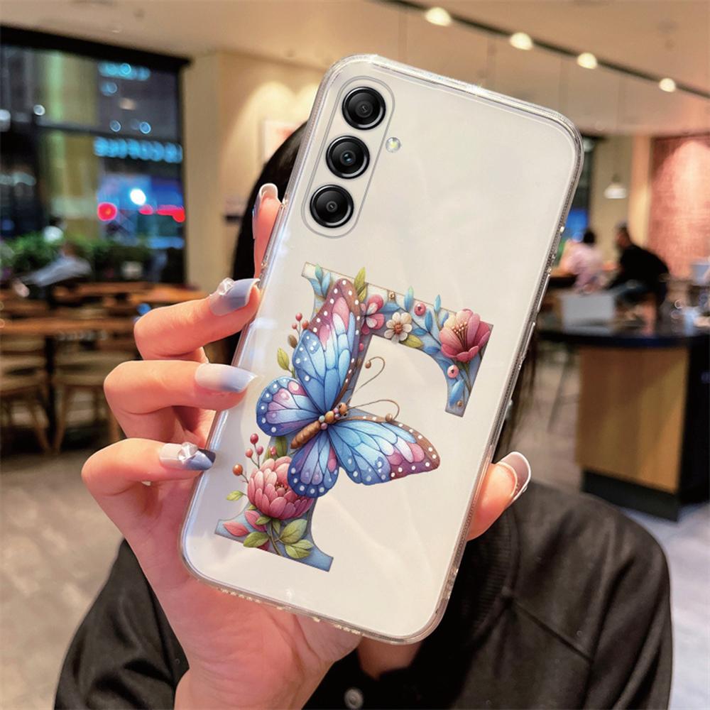 For Samsung Galaxy A54 A14 A34 A24 Blue Butterfly Flower Letters A-Z Couple Phone Case Transparent Clear Silicone Bumper Cover