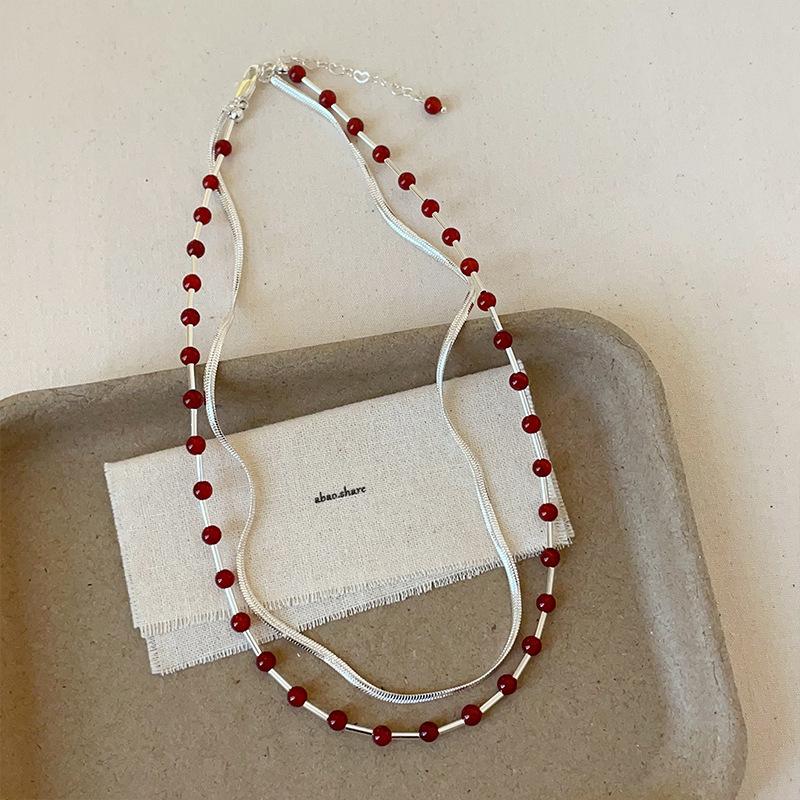 Simple Light Luxury Agate Beaded Double-Layer Stacked Necklace Female Personality Fashion Elegant Versatile Neck Chain Sweater Chain