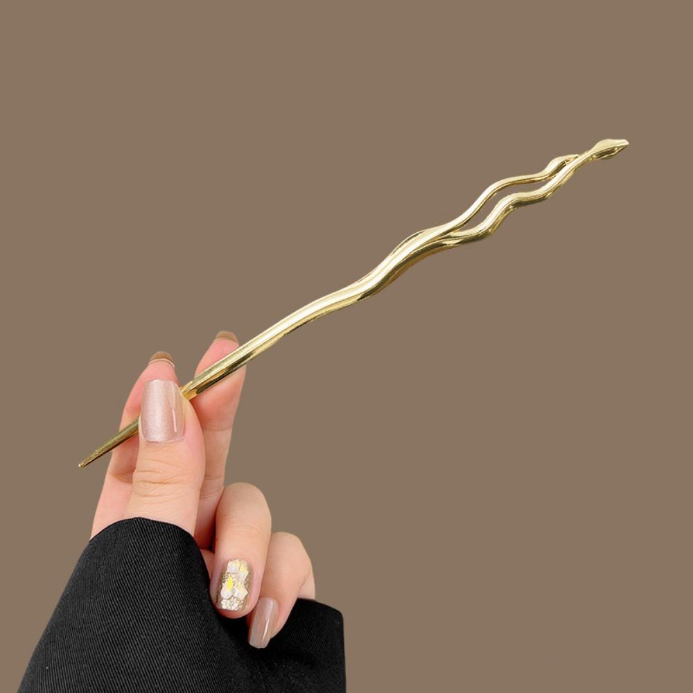 

1pc Wave - Shaped Hair Sticks: Gold & Silver, Minimalist Metal Design, Chic Hair Accessories