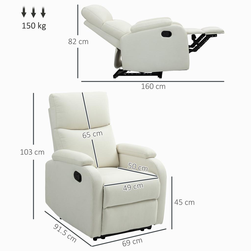 Manually Reclining Chair 60 Degree Extra Padded Fabric With Footrest Cream