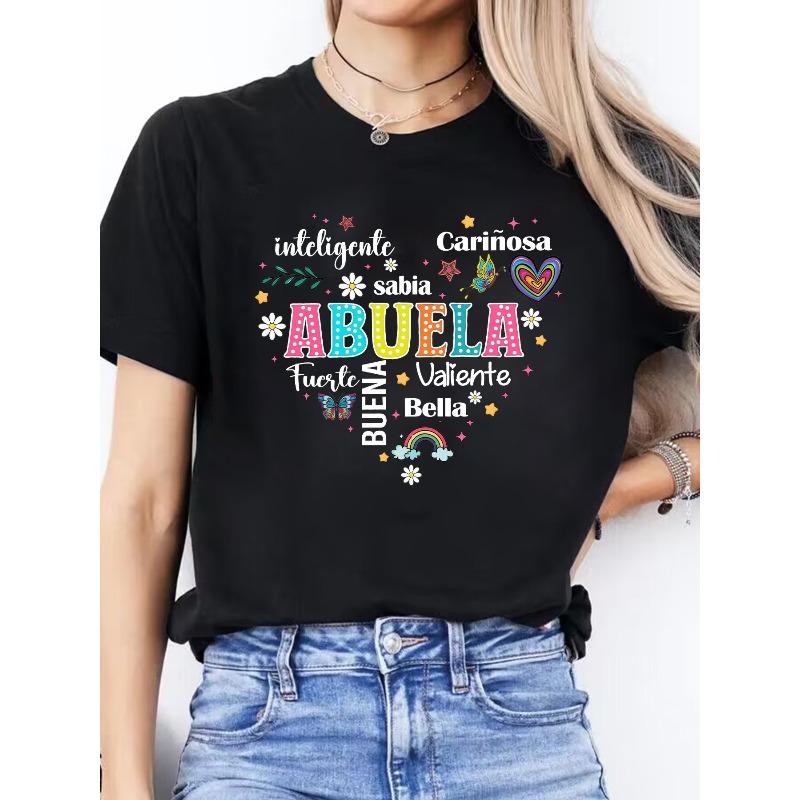 Spanish Letter Print Spring Summer Casual Round Neck Short Sleeve Sports T-Shirt Women's Top