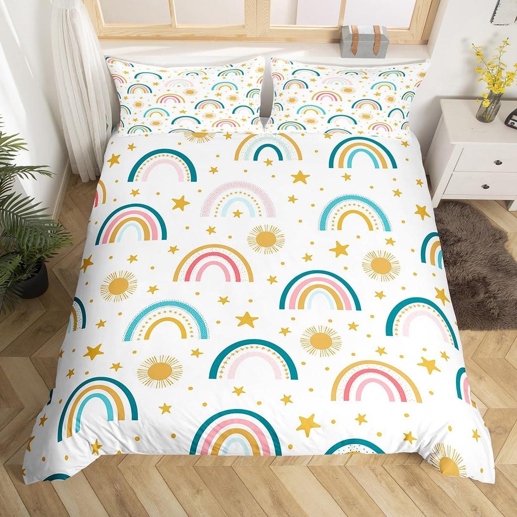 Kids Cartoon Rainbow Duvet Cover Twin Queen Cute Butterfly Flower Leaves Bedding Set for Girl Boys Dream Catcher Comforter Cover