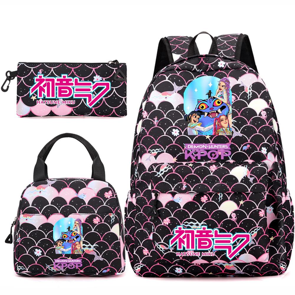 3Pcs/set Anime Cartoon Demon Hunters Printed Backpack Handbag Pencil Case for Teenger Student Girl Boy Large Capacity Waterproof Bookbag