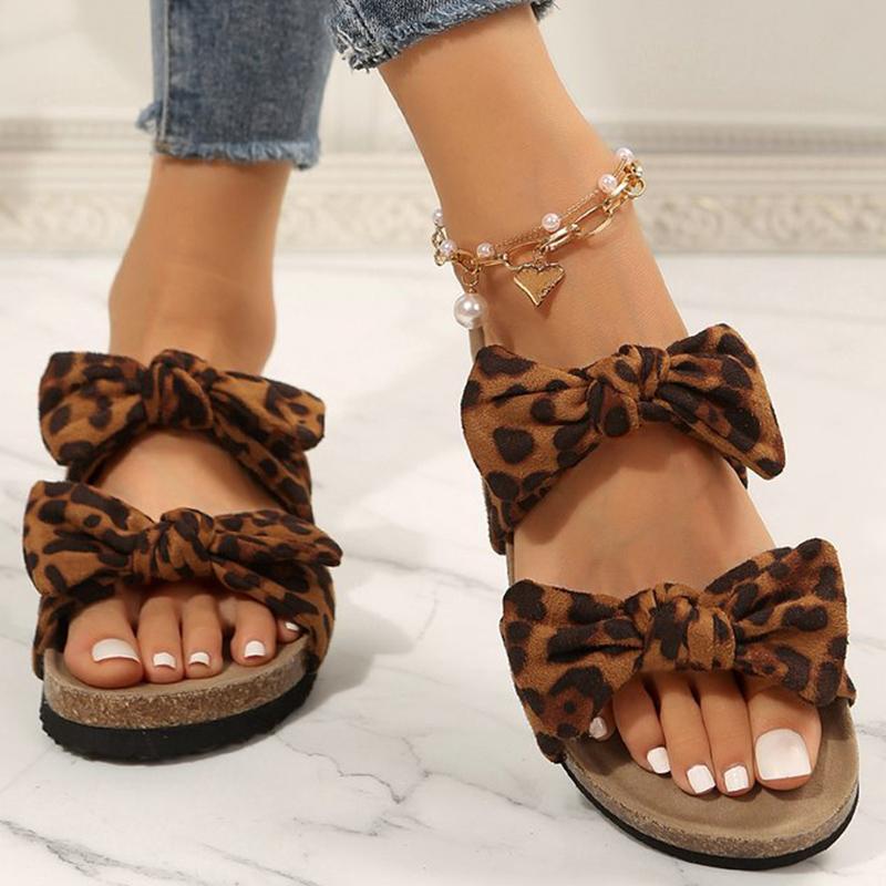 

Fashion 2025 Summer Casual Plus Size Slippers Woman Pull On Leopard Beach Slippers for Women Comfortable Butterfly-Knot Women Slides 35