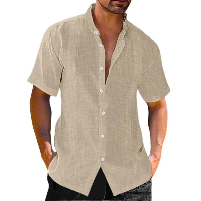 Men's Linen Shirts Short Sleeve Button Up Shirts Stand Collar Casual Summer Home Daily Shirts