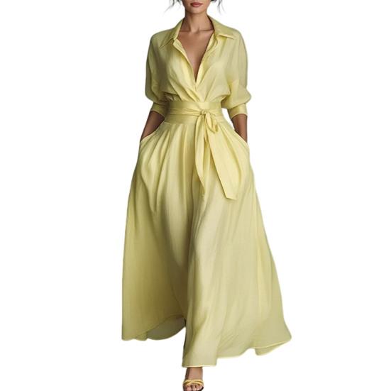 Women s Maxi Shirt Dress Half Sleeve Lapel V Neck Long S жёлтый