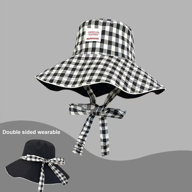 Women Sun Hat Sweet Plaid Wide Edge Fisherman Hat Outdoor Sun Protection Hat Travel Lace Up Hiking Large Brim Beach 5 Colors