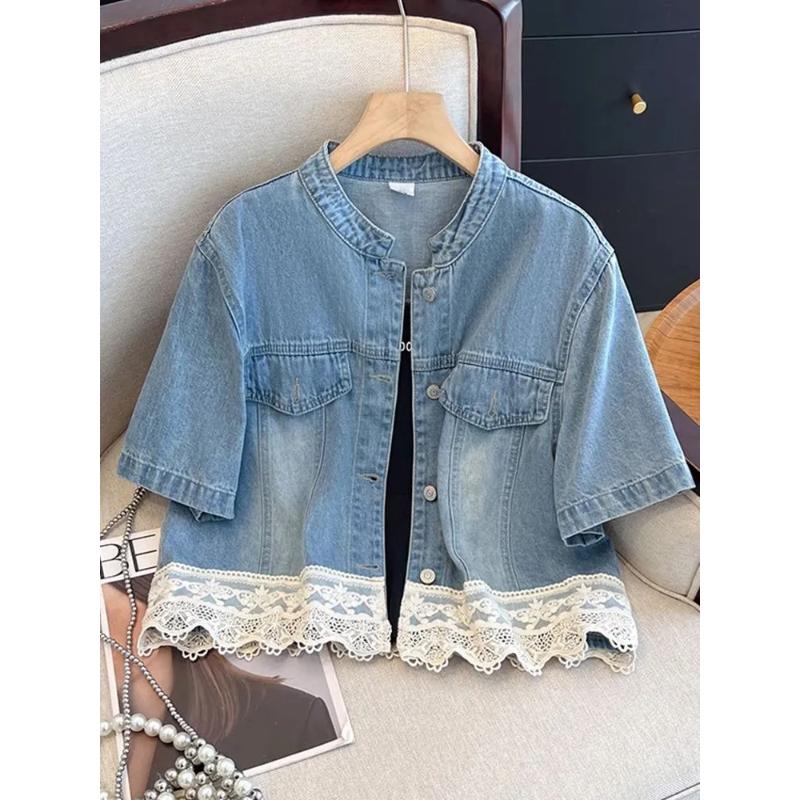 Blue Spliced Lace Short-sleeved Denim Jacket for Women Summer Thin New Casual Versatile Top