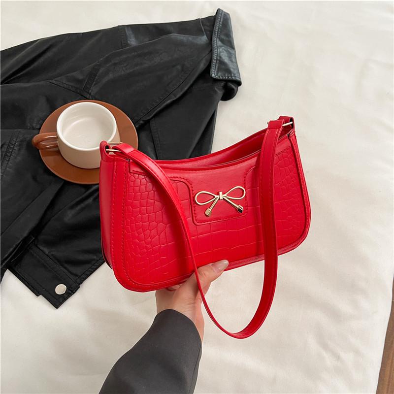Textured Fashion Bow Portable Small Square Bag Women's 2025 New Commuter Shoulder Bag Crocodile Pattern Armpit Bag