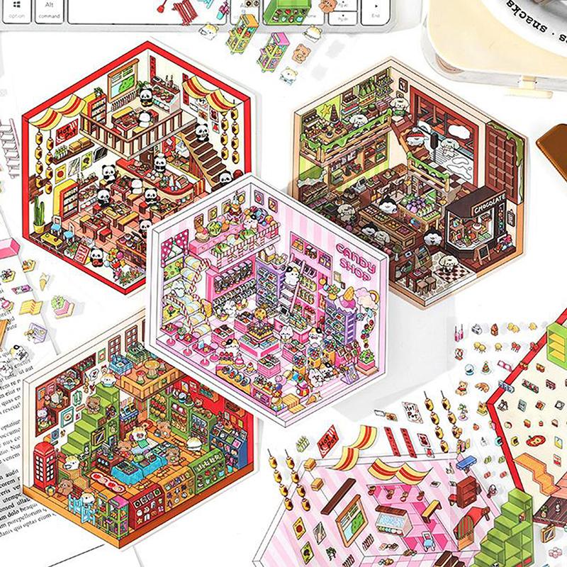 1Set Cartoon 3D Landscape Stickers Pocket Cabin Scene Stacking Pasting Stickers Diy Decoration Stickers Festival Birthday Gifts