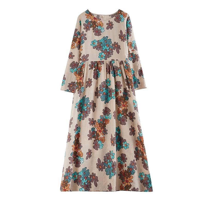 Johnature Niche O-Neck Vintage Dress Woman Spring Fashion Personality Print Long Sleeves Loose Dress