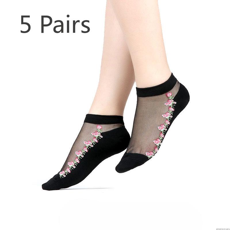 5 Pairs of Women's Summer Embroidered Non Slip Cotton Bottom Glass Silk Socks
