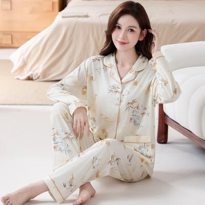 Medium Bamboo Leaf Printed Pajamas Women's Spring and Autumn Imitation Cotton Long Sleeves Medium Mom Large Size Suit Loungewear