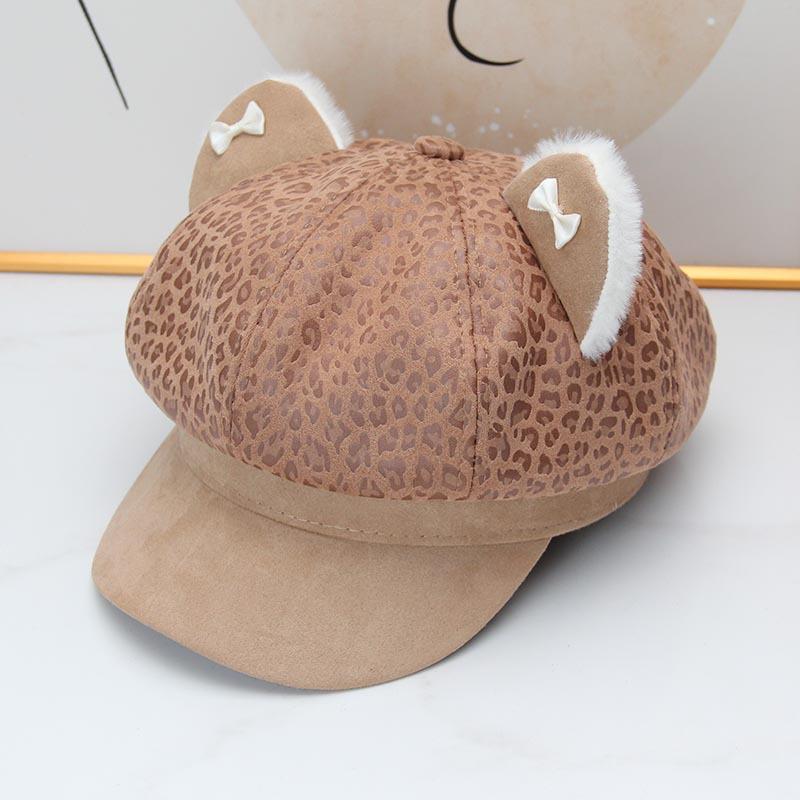 Autumn and winter new cute leopard print cat ears octagonal hat Spice girl fashion newsboy hat women warm duck tongue beret tide
